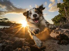 Happy dog playing on the beach AI Generative photo