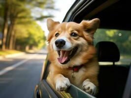 Happy dog riding in a car with its head out the window AI Generative photo