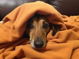 Mischievous dog peeking out from a cozy blanket fort AI Generative photo