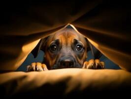 Mischievous dog peeking out from a cozy blanket fort AI Generative photo