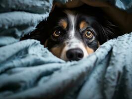Mischievous dog peeking out from a cozy blanket fort AI Generative photo