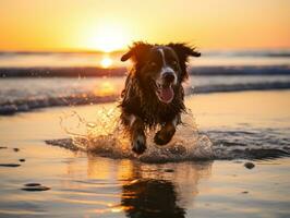 Happy dog playing on the beach AI Generative photo