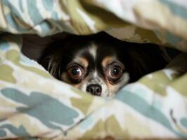 Mischievous dog peeking out from a cozy blanket fort AI Generative photo