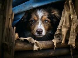 Mischievous dog peeking out from a cozy blanket fort AI Generative photo