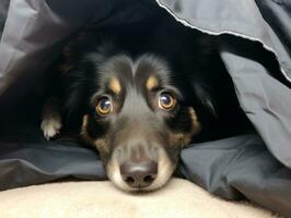 Mischievous dog peeking out from a cozy blanket fort AI Generative photo