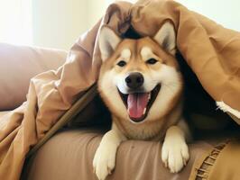 Mischievous dog peeking out from a cozy blanket fort AI Generative photo