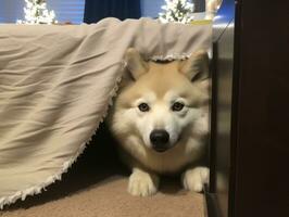 Mischievous dog peeking out from a cozy blanket fort AI Generative photo
