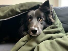 Mischievous dog peeking out from a cozy blanket fort AI Generative photo