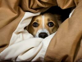 Mischievous dog peeking out from a cozy blanket fort AI Generative photo