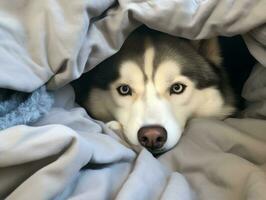 Mischievous dog peeking out from a cozy blanket fort AI Generative photo