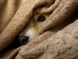 Mischievous dog peeking out from a cozy blanket fort AI Generative photo