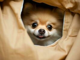 Mischievous dog peeking out from a cozy blanket fort AI Generative photo