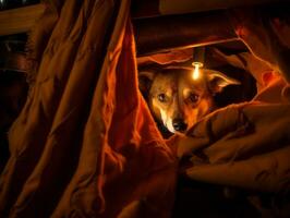 Mischievous dog peeking out from a cozy blanket fort AI Generative photo