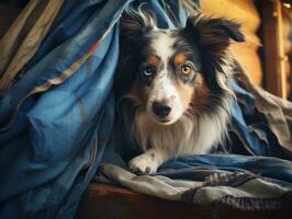 Mischievous dog peeking out from a cozy blanket fort AI Generative photo