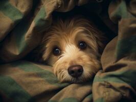 dañoso perro echar un vistazo fuera desde un acogedor cobija fuerte ai generativo foto