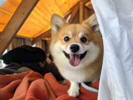 Mischievous dog peeking out from a cozy blanket fort AI Generative photo