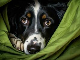 Mischievous dog peeking out from a cozy blanket fort AI Generative photo