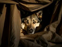 Mischievous dog peeking out from a cozy blanket fort AI Generative photo