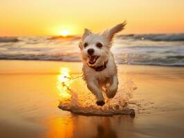 Happy dog playing on the beach AI Generative photo