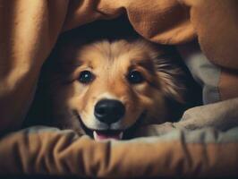 Mischievous dog peeking out from a cozy blanket fort AI Generative photo