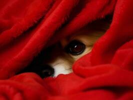 Mischievous dog peeking out from a cozy blanket fort AI Generative photo