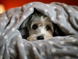 Mischievous dog peeking out from a cozy blanket fort AI Generative photo