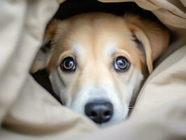 Mischievous dog peeking out from a cozy blanket fort AI Generative photo