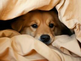 Mischievous dog peeking out from a cozy blanket fort AI Generative photo