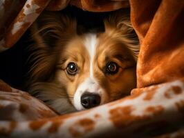 Mischievous dog peeking out from a cozy blanket fort AI Generative photo