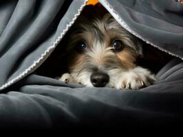 Mischievous dog peeking out from a cozy blanket fort AI Generative photo