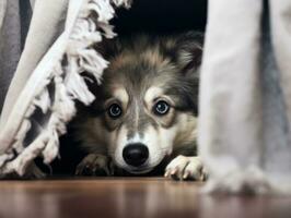 Mischievous dog peeking out from a cozy blanket fort AI Generative photo