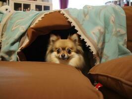 Mischievous dog peeking out from a cozy blanket fort AI Generative photo