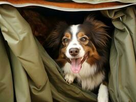 Mischievous dog peeking out from a cozy blanket fort AI Generative photo