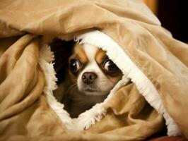 Mischievous dog peeking out from a cozy blanket fort AI Generative photo