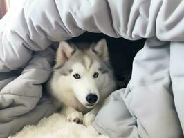 Mischievous dog peeking out from a cozy blanket fort AI Generative photo