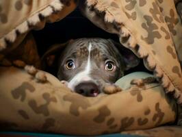 Mischievous dog peeking out from a cozy blanket fort AI Generative photo