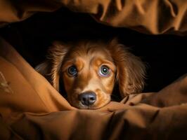 Mischievous dog peeking out from a cozy blanket fort AI Generative photo