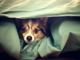 Mischievous dog peeking out from a cozy blanket fort AI Generative photo