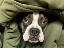 Mischievous dog peeking out from a cozy blanket fort AI Generative photo