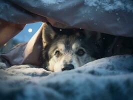 Mischievous dog peeking out from a cozy blanket fort AI Generative photo