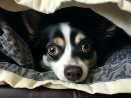 Mischievous dog peeking out from a cozy blanket fort AI Generative photo