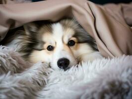 Mischievous dog peeking out from a cozy blanket fort AI Generative photo