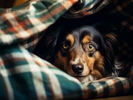 Mischievous dog peeking out from a cozy blanket fort AI Generative photo