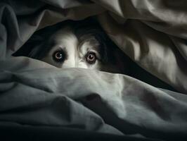 Mischievous dog peeking out from a cozy blanket fort AI Generative photo