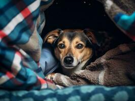 Mischievous dog peeking out from a cozy blanket fort AI Generative photo