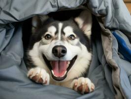 Mischievous dog peeking out from a cozy blanket fort AI Generative photo