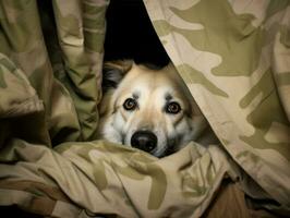 Mischievous dog peeking out from a cozy blanket fort AI Generative photo