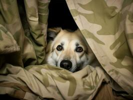 Mischievous dog peeking out from a cozy blanket fort AI Generative photo