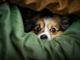 Mischievous dog peeking out from a cozy blanket fort AI Generative photo