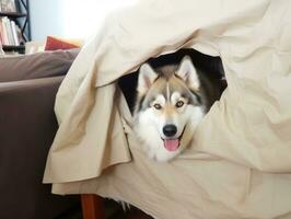 Mischievous dog peeking out from a cozy blanket fort AI Generative photo